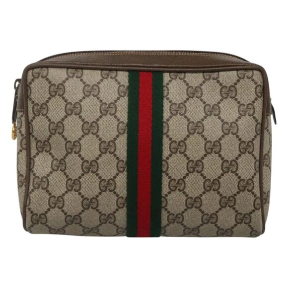 GUCCI GG Supreme Web Sherry Line Clutch Bag PVC Beige Gold 22 01 012 Auth BA1513 - Picture 1 of 16